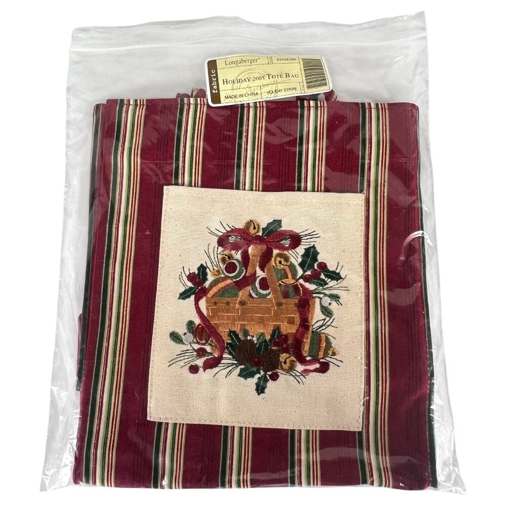 New 2005 Longaberger Basket Holiday Tote Bag Fabric Purse Stripe Embroidered VTG